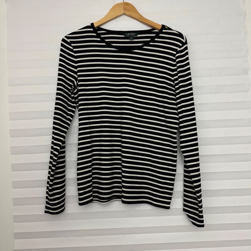 Lauren Ralph Lauren Black White Striped Long Sleeve Crew Neck Top XL